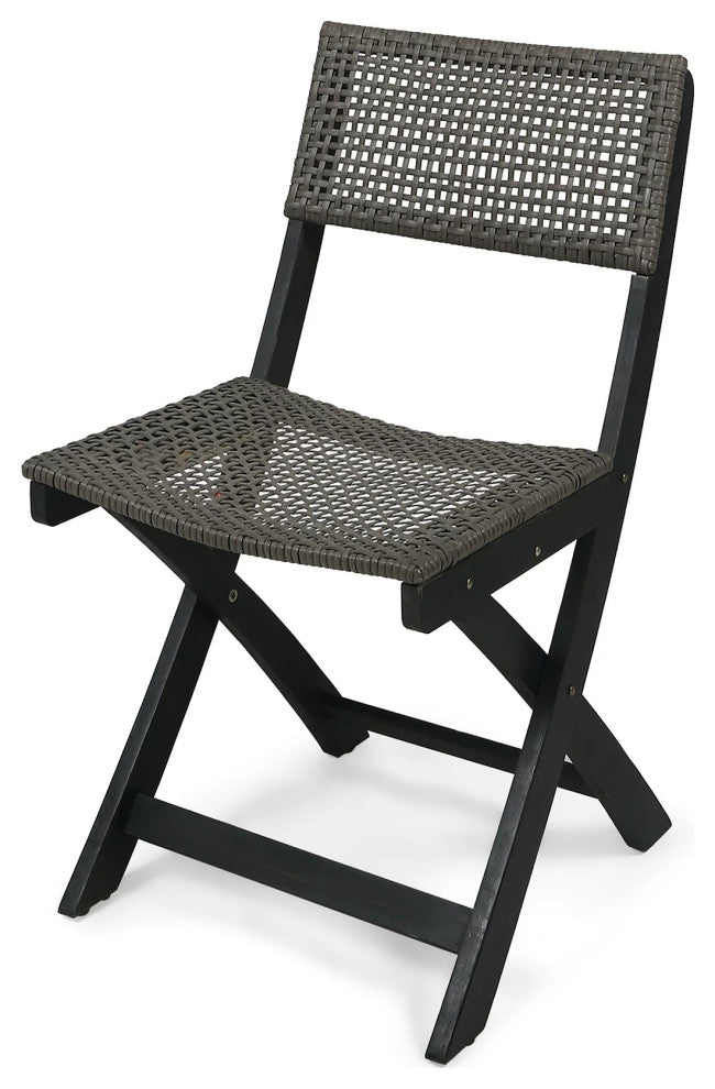 Set of 4 Folding Table, Acacia Wood Frame With Woven Brown Wicker Seat & Back