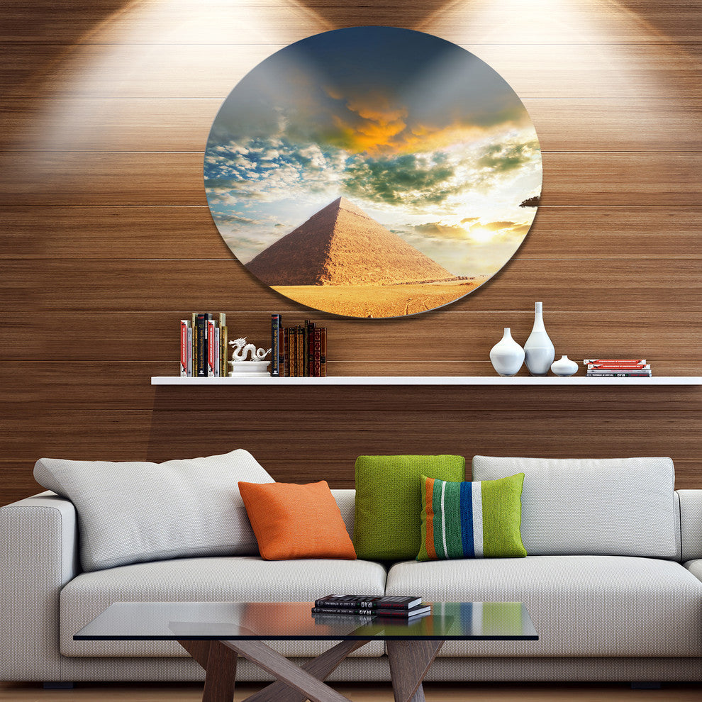 Egyptian Pyramid Under Cloudy Skies, Landscape Disc Metal Artwork, 23"