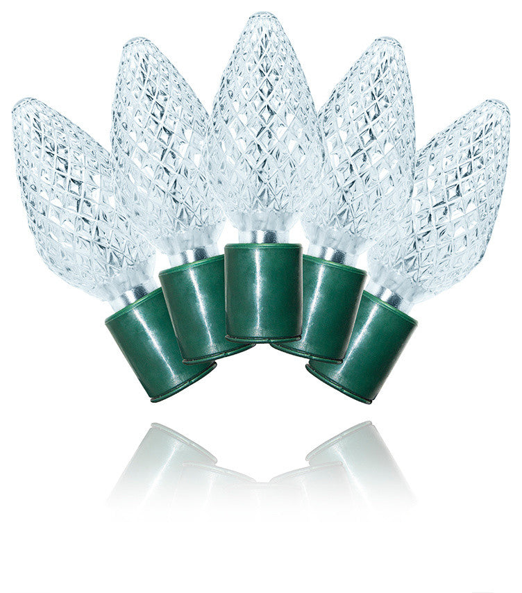 25 C9 Pure White LED Lights 8" Spacing On Green Wire