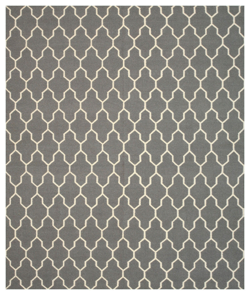 Handmade Wool Gray Transitional Trellis Reversible Modern Moroccan Kilim Rug, 8'x10'