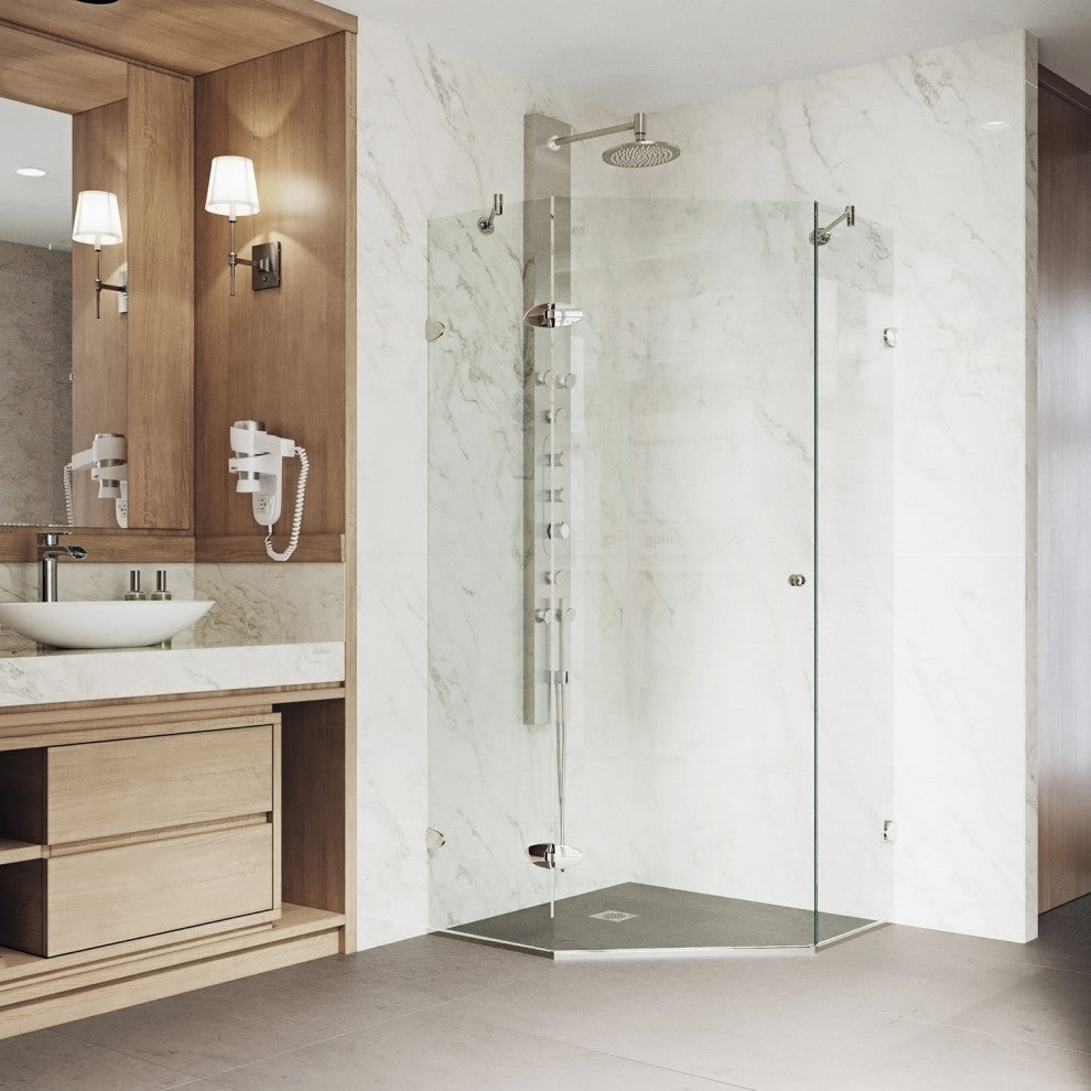 VIGO Verona 36"D x 36"W x 73"H Frameless Hinged Neo-Angle Shower Enclosure, Brushed Nickel, Without Base
