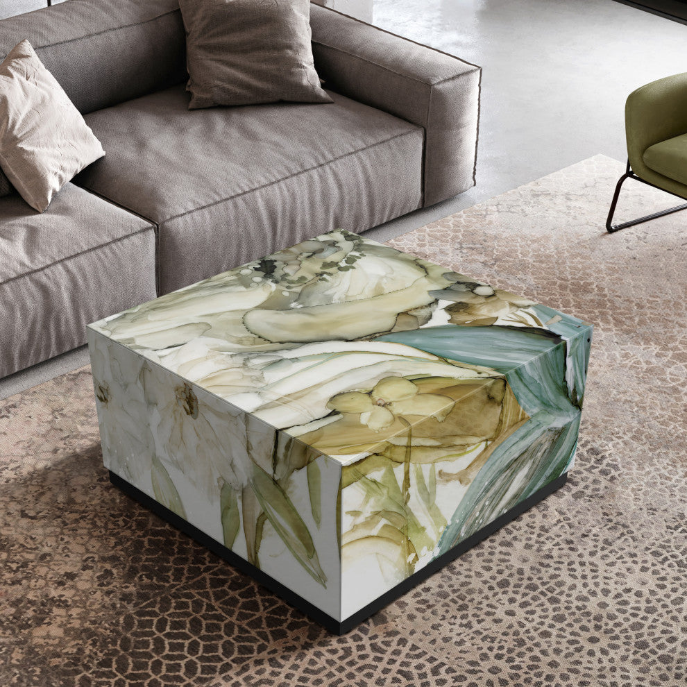 "Seaglass Garden II" Reverse Printed Glass Cocktail Table with Black Plinth Base