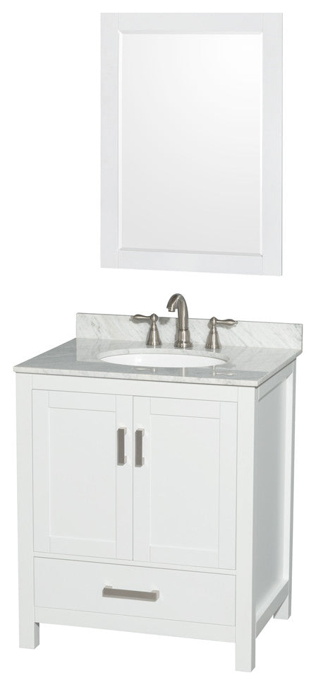 Wyndham WCS141430SWHCMUNOM24 White Vanity + Carrera Marble Top and Round Sink