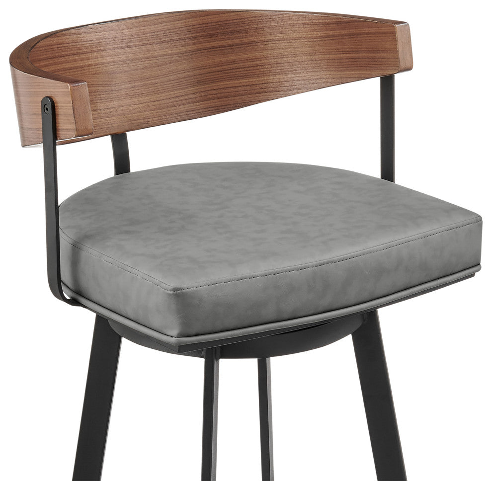 Lacey Swivel Stool, Black/Walnut Finish & Gray Faux Leather, Bar, 30"
