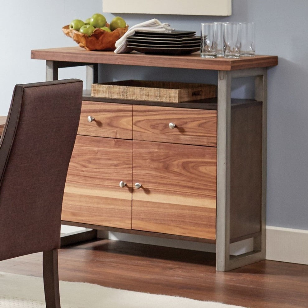 Contemporary Style Wooden Dining Server with Drawers, Brown and Gray