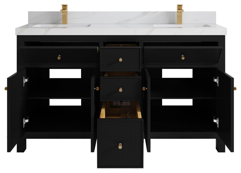 Sonoma 60" Double Sink Bath Vanity in Black, 2" Calacatta Sienna