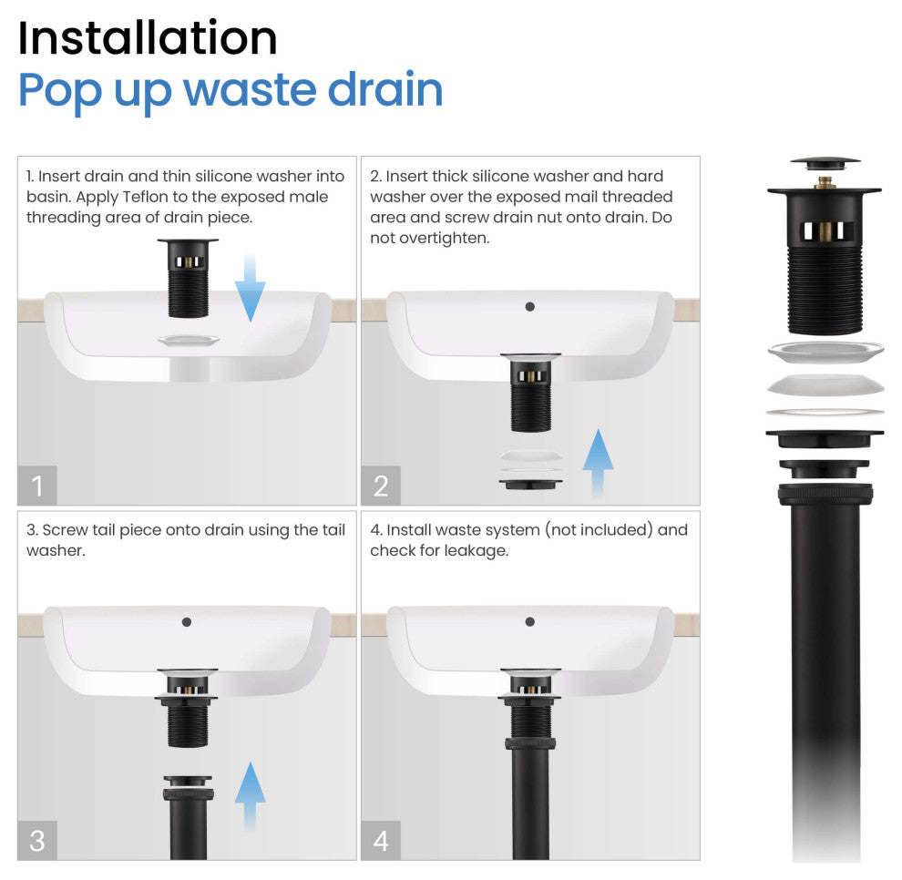 Bathroom Sink Pop Up Drain Stopper, 12" Tailpiece With Overflow KPW104, Matte Black