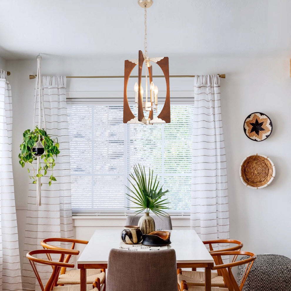 4-Light Candle Style Geometric Chandelier With Wood Accents, Chrome