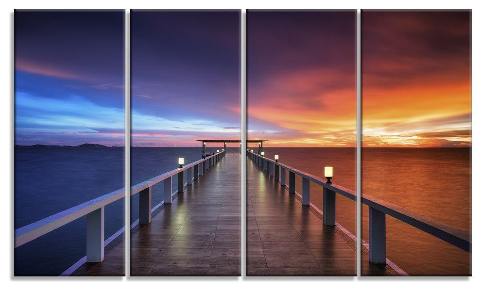 "Picturesque Seashore With Long Pier" Sea Pier Wall Art, 4 Panels, 48"x28"