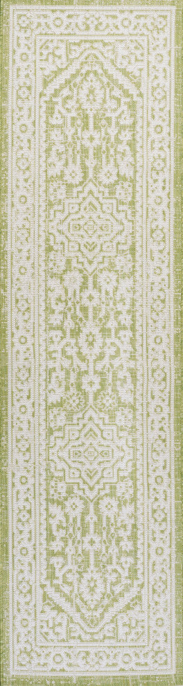 Sinjuri Medallion Textured Weave Indoor/Outdoor, Green/Cream, 2x8
