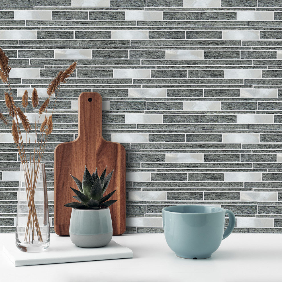 Ardcarn 11.8"x10.9" Laminated Glass Mosaic Mix Wall Tile, Black, Box of 15