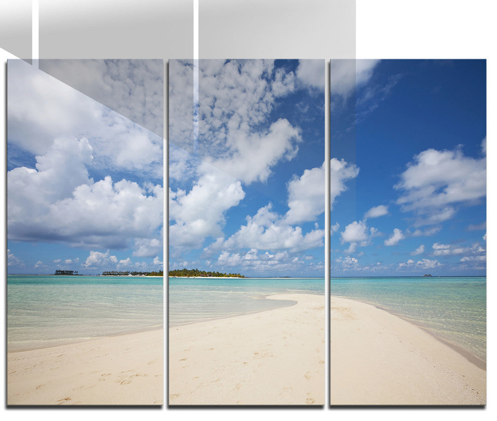 Serene Maldives Beach under Clouds - Seascape Metal Art - 36x28 - 3 Panels