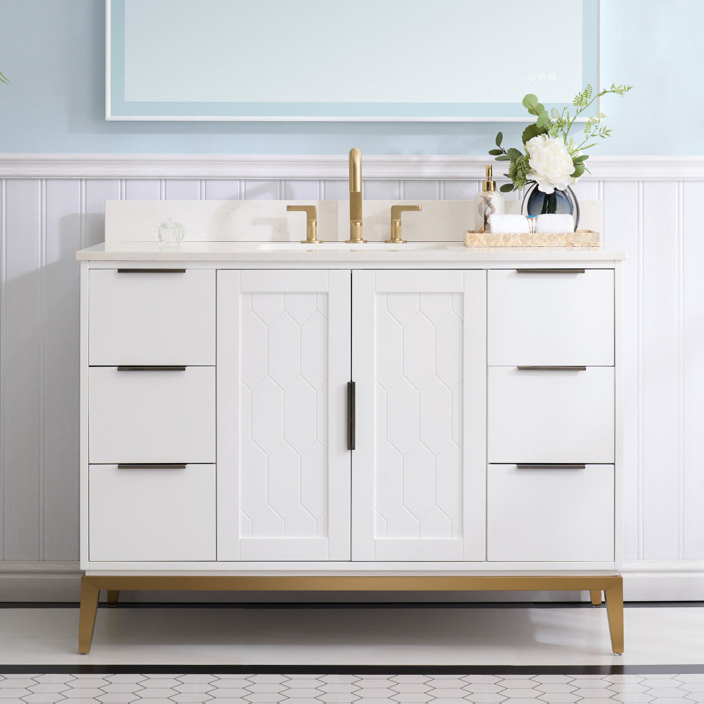 Alison Freestanding Bathroom Vanity with Italian Carrara White Marble Top, White, 48"