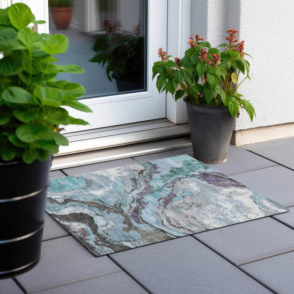 Machine Washable Indoor/Outdoor Chantille ACN1908 Teal 1'8" x 2'6" Rug