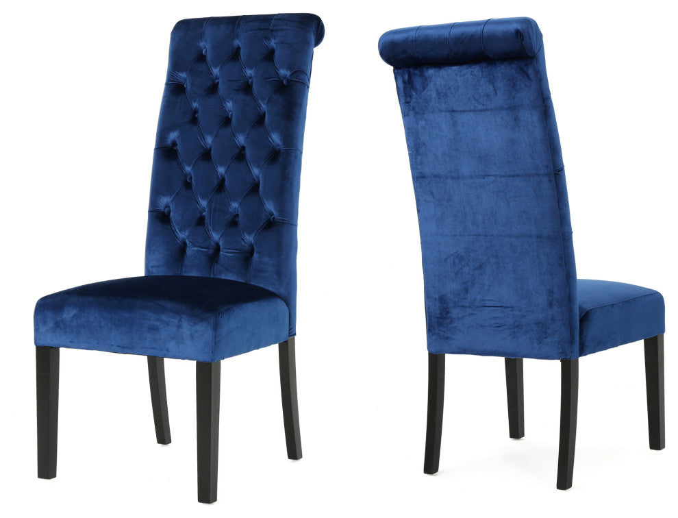 GDF Studio Leona Tall Back Tufted New Velvet Dining Chairs, Set of 2, Navy Blue
