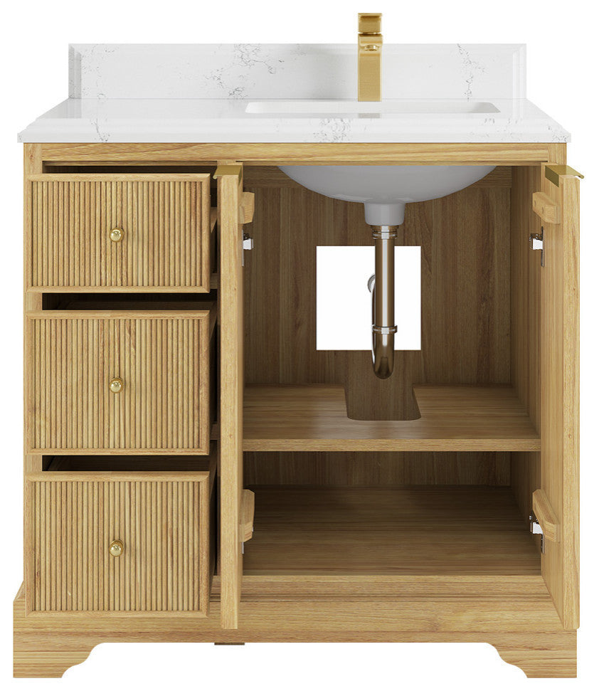 Austin 36 Right Offset Bath Vanity in Light Natural Teak 1.5" Empira Quartz