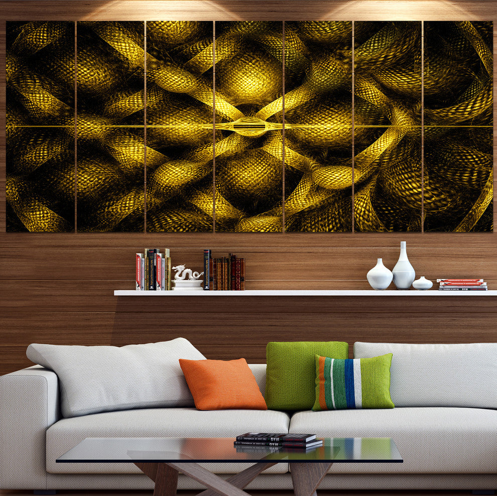Golden Fractal Watercolor Pattern, Abstract Art on Canvas, 83"x32", 7 Panels