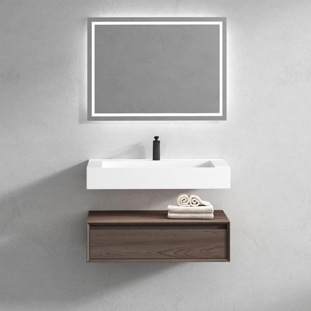 Alysa 36" Floating Bath Vanity, Acrylic Sink/Single Faucet Hole, Red Oak