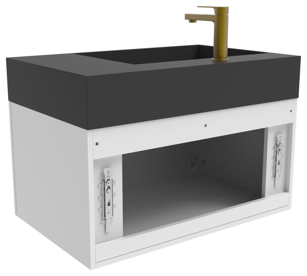 CastelloUSA Amazon 30" Left Wall Mounted Bathroom Vanity Set, White, Black Top, Gold Handles
