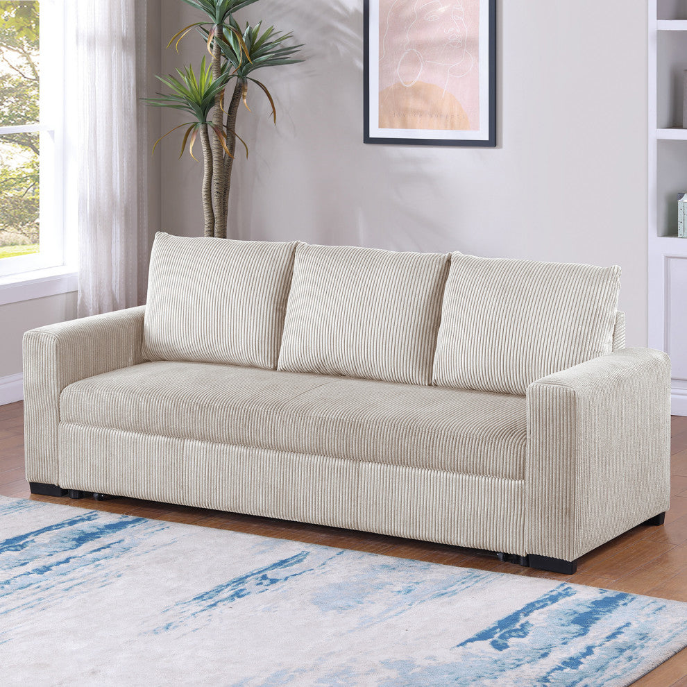 Corduroy Upholstered Convertible Sofa With Cushion Back, Ivory Finish