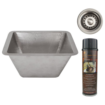 15" Square Hammered Copper Bar/Prep Sink, Nickel, 2" Drain Opening