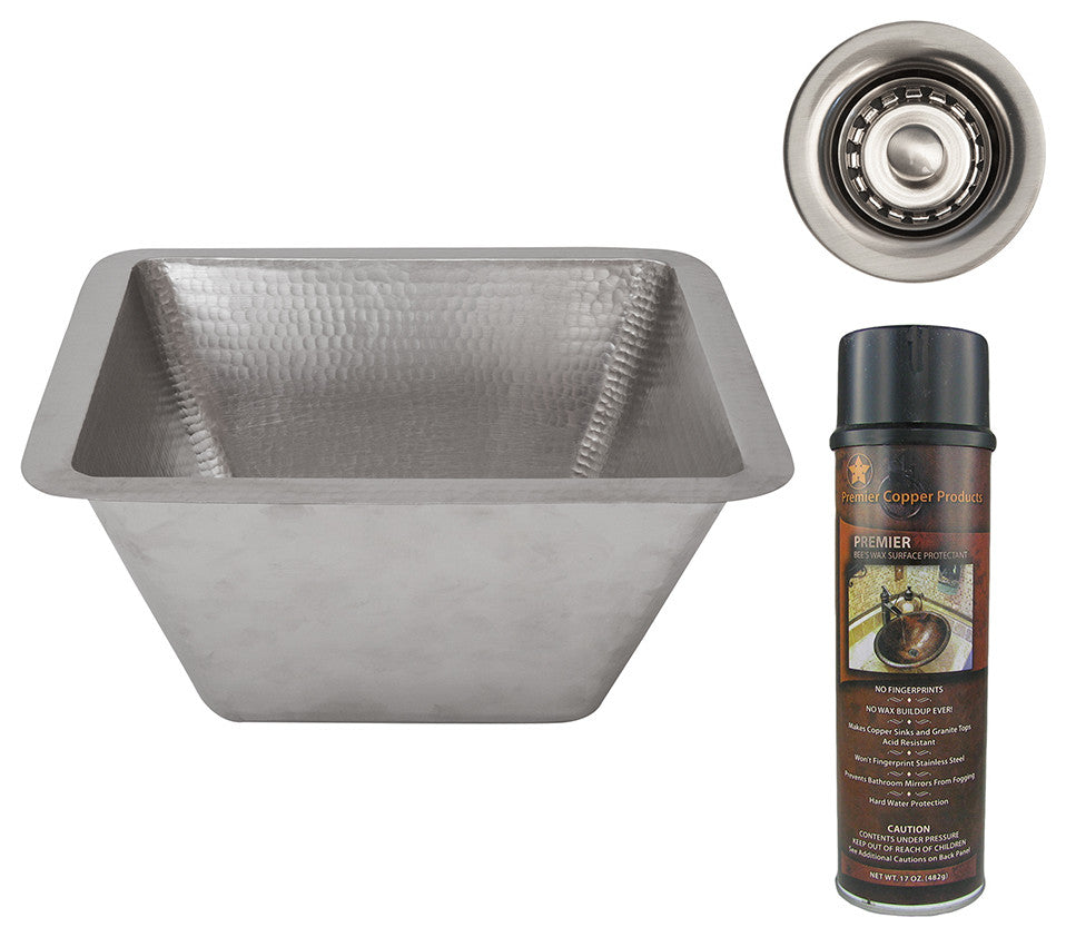 15" Square Hammered Copper Bar/Prep Sink, Nickel, 2" Drain Opening