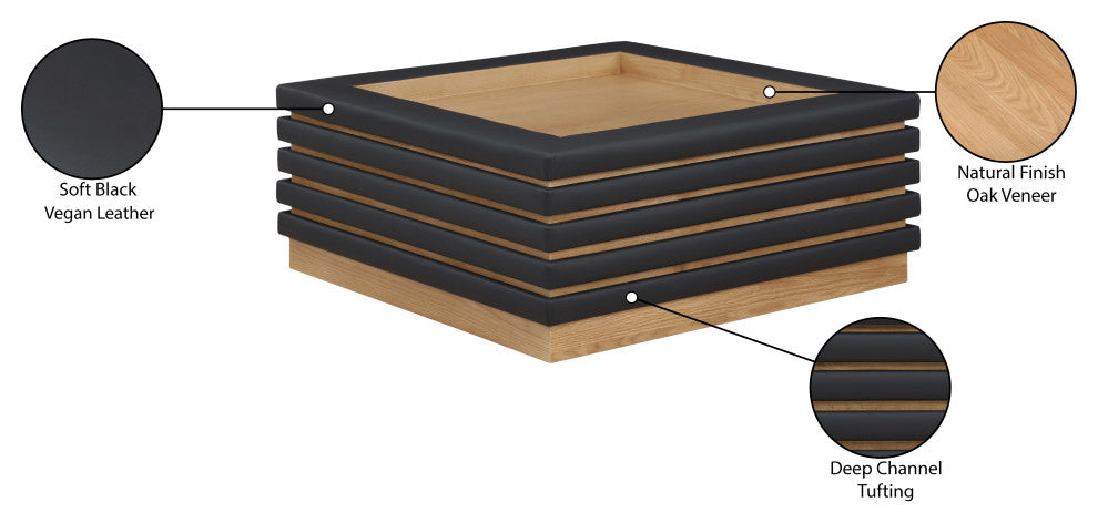 Rory Black Faux Leather Coffee Table, Black, Square, Natural Finish