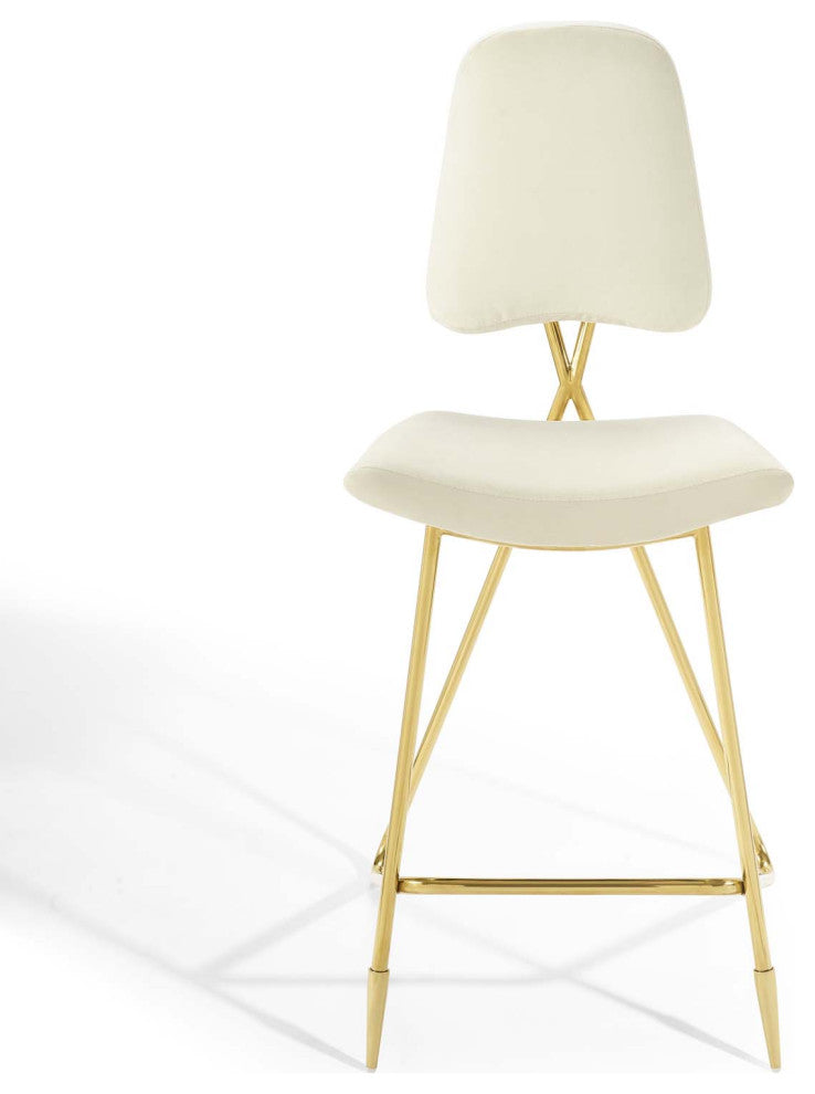 Bar Stool Chair Barstool, Set of 2, Velvet, Metal, Ivory White, Modern, Bar Pub
