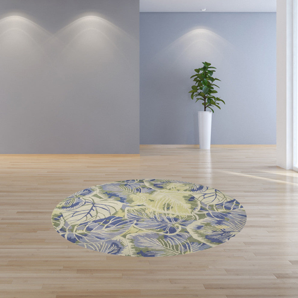 HomeRoots 6' Blue Green Hand Tufted Tropical Leaves Round Indoor Area Rug
