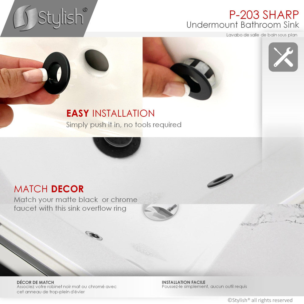 STYLISH 21" Rectangular Undermount Ceramic Bathroom Sink, 2 Overflow Finishes