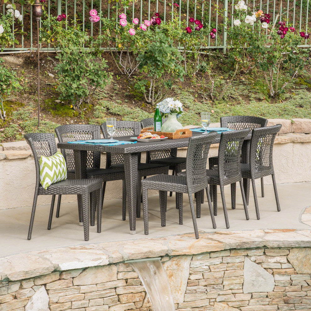 GDF Studio 9-Piece Herman Outdoor Wicker Dining Set, Gray