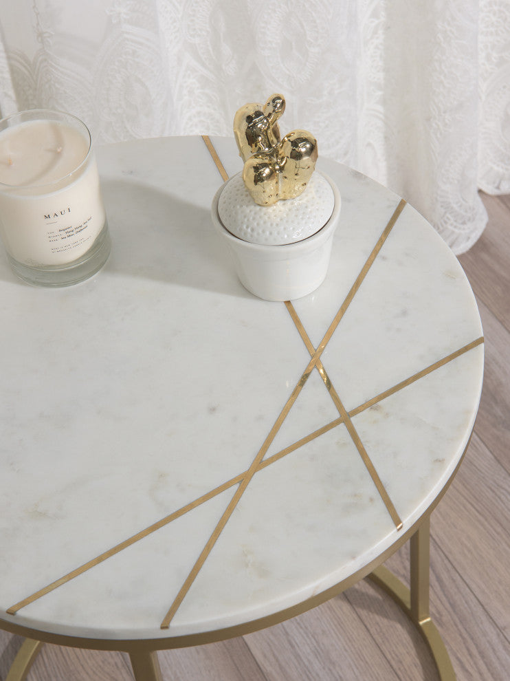 Piers Inlay Round Marble Side Table, White
