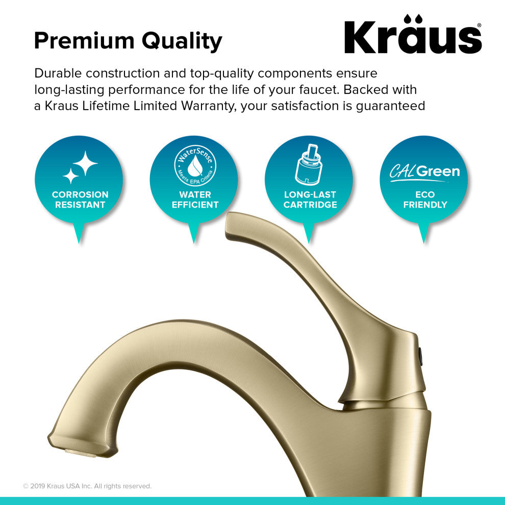 Arlo Single Handle 1-Hole Bathroom Basin Faucet, Lift Rod Drain, Brushed Gold