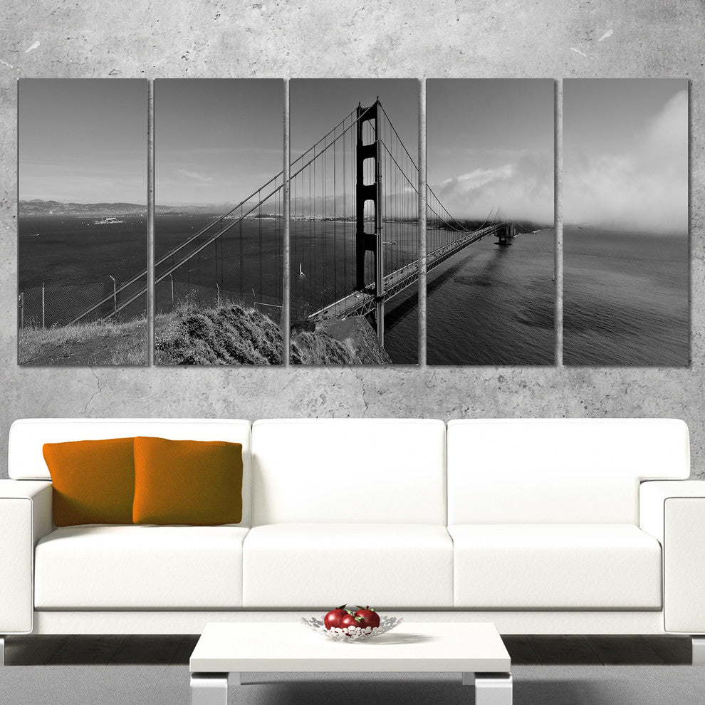 "Golden Gate Bridge in Gray" Panorama Sea Bridge Wall Artwork60"x28", 5-Panels
