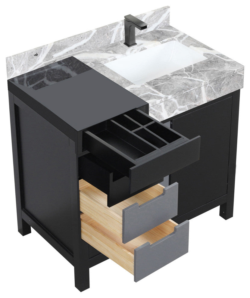 Zilara 36 Black, Grey Vanity, Grey Marble Top, Square Sink, Gun Metal Faucet Set