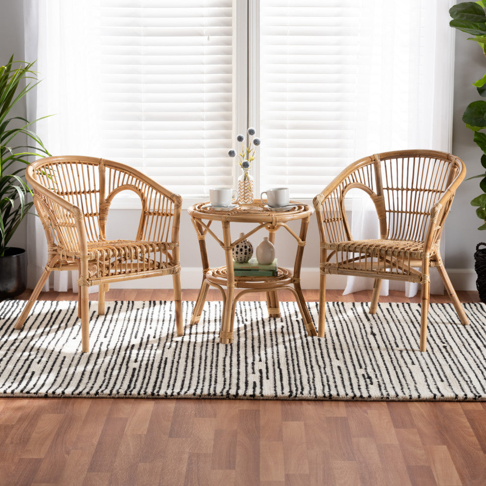Vedette Modern Rattan 3-Piece Living Room Set, Natural Brown