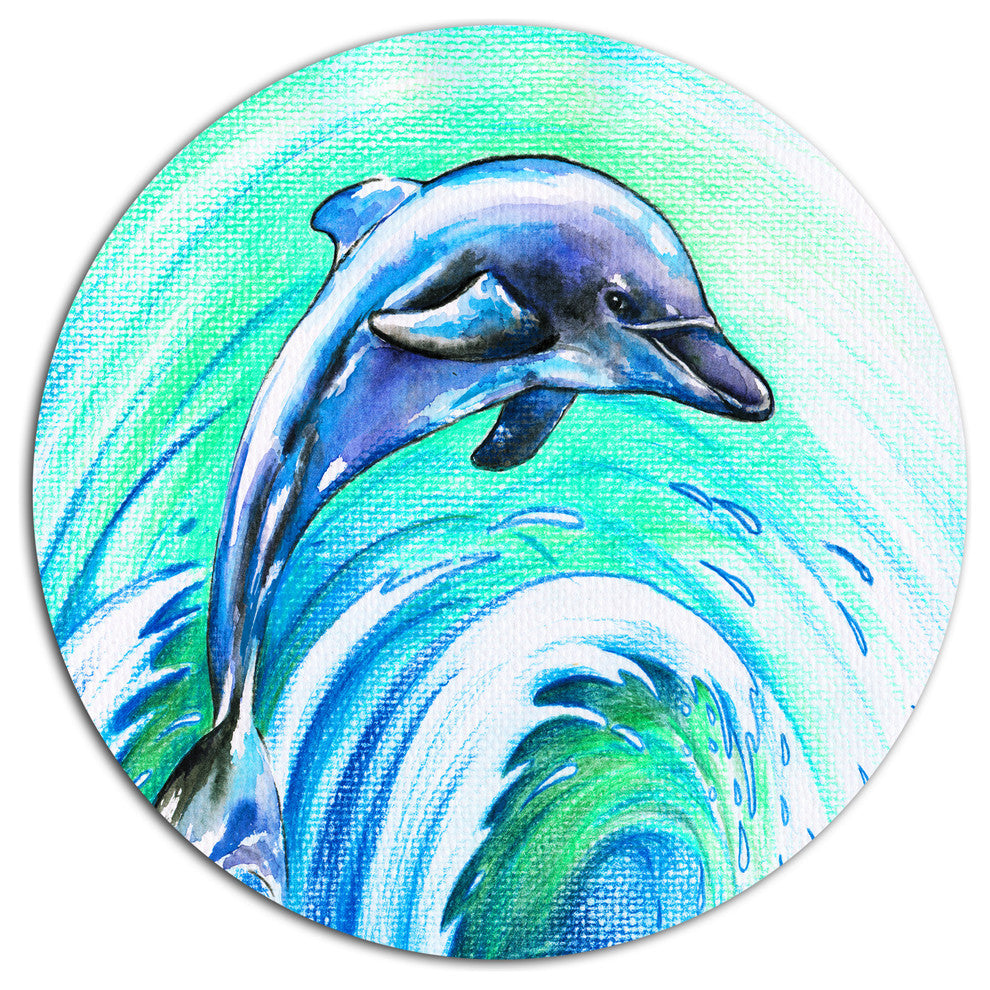 Jumping Dolphin Watercolor, Animal Round Metal Wall Art, 23"