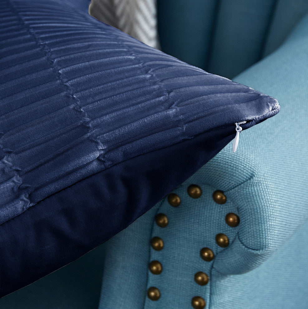 Pleated Velvet Pillow Covers, Set of 2, Blue, 14"x26"