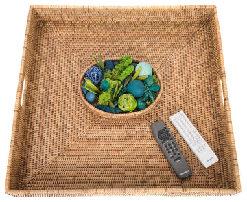 Artifacts Rattan™ Square Ottoman Tray with Cutout Handles, Honey Brown, 20"x20"