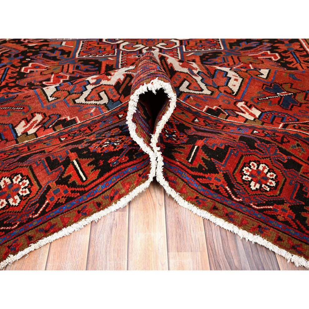 Imperial Red Pure Wool Hand Knotted Semi Antique Persian Heriz Rug 9'8"x13'