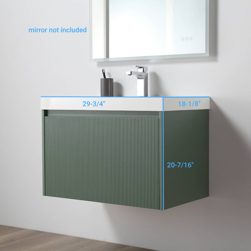 Floating Bathroom Vanity with Sink, Wall Mounted Vanity, Green, 30" W/ Sink