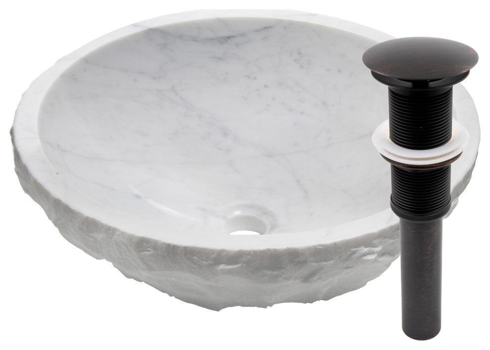 Natural Carrara White Marble Chiseled Stone Vessel Sink and Drain, Oil Rubbed Bronze