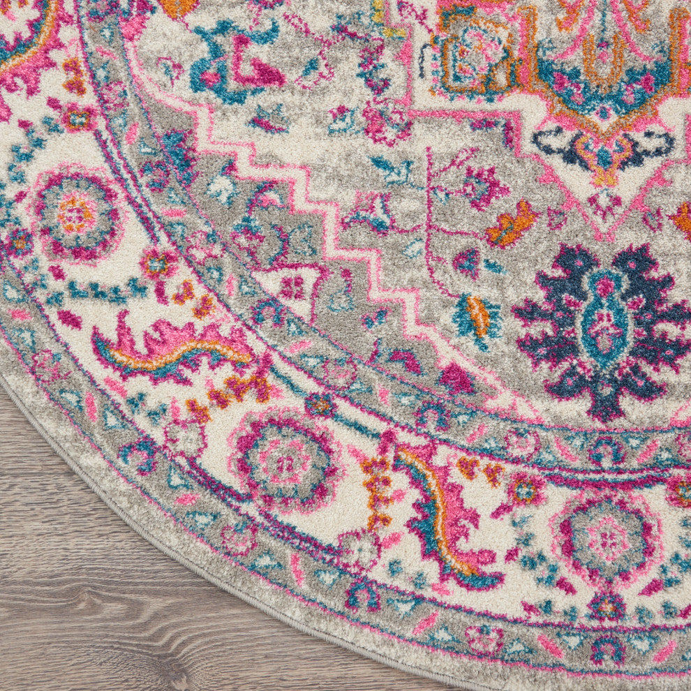 Nourison Passion 5' x Round Light Grey/Pink Bohemian Indoor Area Rug