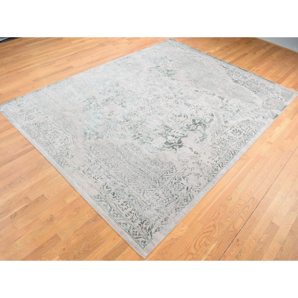 Tan Color, Broken Heriz Design, Wool and Silk Hand Knotted, Rug, 8'10"x12'