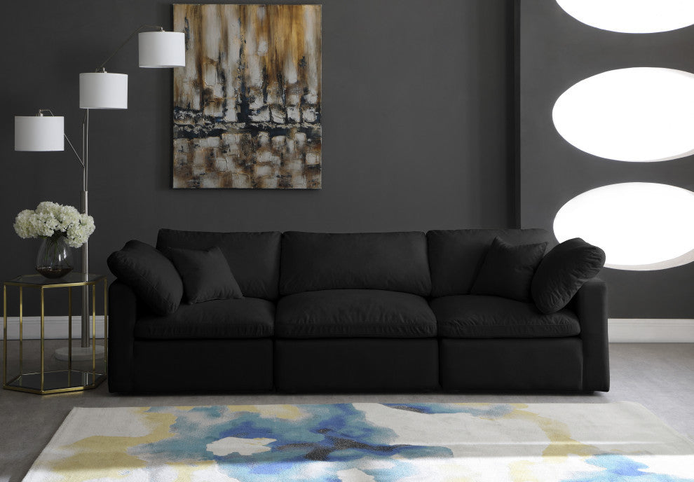 Plush Velvet / Down Standard Comfort Modular Sofa, Black, 3-Piece: 1 Armless Chair, 2 Corner Chair