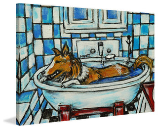 "Sheltie Bath" Painting Print on Wrapped Canvas, 30"x20"
