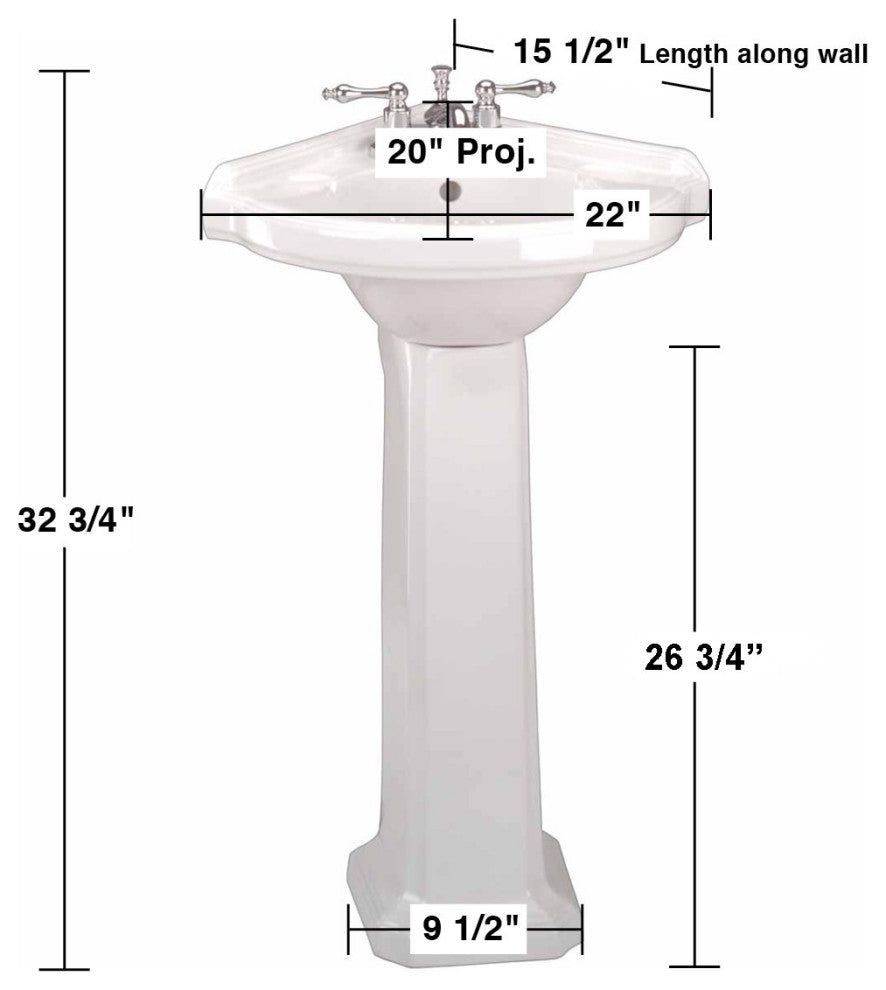 Corner Bathroom Pedestal Sink White 22" Small with Overflow and Faucet Holes