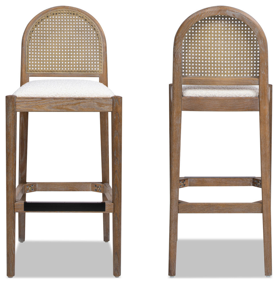 Panama Curved Back Cane Rattan Stool, Set of 2, Ivory White Boucle, 30" Bar Height