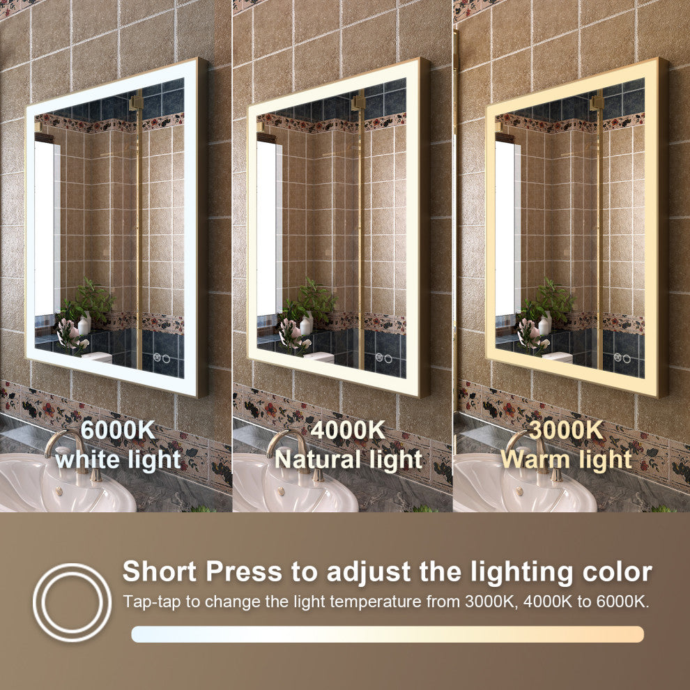 Framed LED Lighted Bathroom Vanity Mirror With Defogger, Gold, 24"x32"