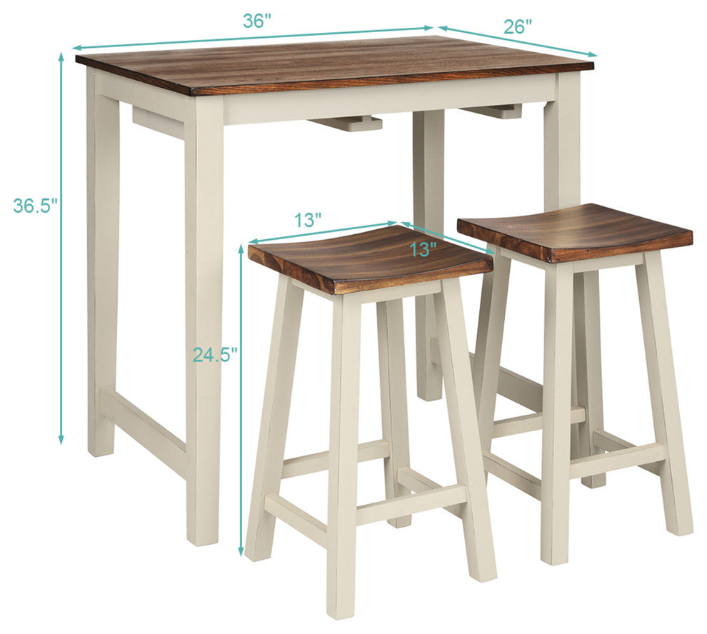 Costway 3-Piece Bar Table Set Counter Pub Table& 2 Saddle Bar Stools w/ Hanging